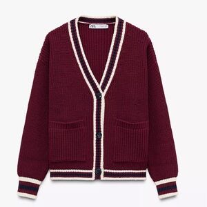 Zara NWT Women's Burgundy Knit Jacket with Piping